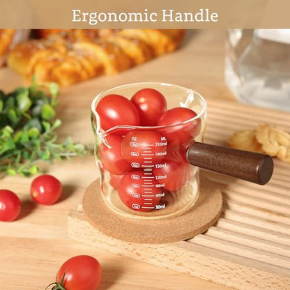 Joeyan Espresso Measuring Cup, Espresso Shot Cups, Glass Measuring Cup with Double Spouts and Wood Handle, Wave Shaped Triple Pitcher Milk Cup, Borosilicate Clear Coffee Bar Accessories, 9 oz - color: Clear wavy espresso cup- double spouts