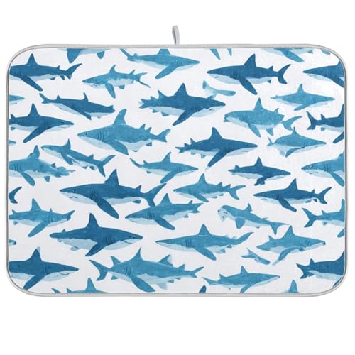 Dish Drying Mat for Kitchen Counter Fishes Shark White Absorbent Drying Dish Mat 16×18 inch Dish Rack Pad Coffee Mat for Sink Dishes Under Rack - color: multicolored.25, size: 16x18in