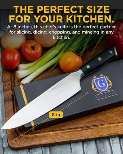 Guilfoyle Chef Knife 8 Inch – Stainless Steel Kitchen Knife with Ergonomic Handle & Full Tang – Cooking Gifts for Home Chefs – Gift Box Included