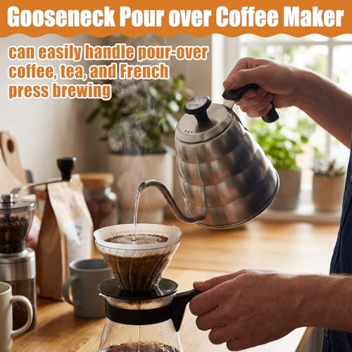 2 Sets Tea Kettle with Thermometer Pot and 2 Pcs Brushes, 40 Fl oz Stainless Steel Gooseneck Pour over Coffee Maker Teapot Pour over Coffee Kettle, 1200ml for Home Kitchen Camping