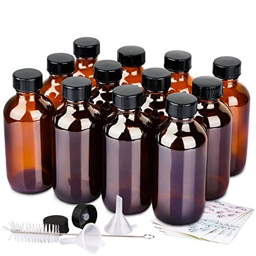 PINIWON 12 Pack 4 oz Amber Glass Bottles, 120ml Boston Round Sample Bottles with Black Poly Cone Caps, Labels, Funnels and Brush - color: Amber-12 pack