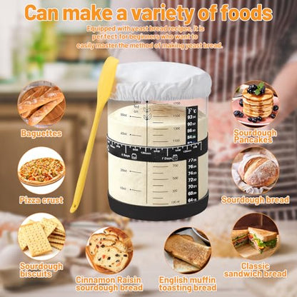 50oz Sourdough Starter Jar, Large Glass Sourdough Starter Jar Wide Mouth with Wooden Lid, Feeding Tracker and Spatula, Sourdough Starter Jar Kit for Bread Baking