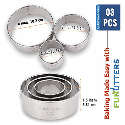 Cookie Cutter Set, 3 Pc Kit, Measuring 2'', 3'', and 4'', Round Metal Baking Rings for Pastry, Biscuits, and Dough Cutting, Heavy Duty and Reusable, Multiple Sizes - size: 2 3 4 Inch x 1.5 Inch