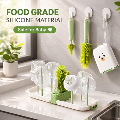 Travel Bottle Cleaner kit, 7in1 Baby Toddler Travel Essential Silicone Bottle Brush Set, Nipple, Drying Rack, Straw, & Breast Pump Cleaning, Soap Dispenser & Organizer Case, Gift Mom - color: Green