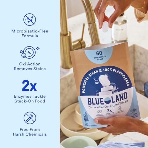 BLUELAND 100% Plastic-Free Dishwasher Detergent Tablets, 60 Count, Free & Clear, Eco-Friendly Dishwashing Pods, Cuts Grease & Stuck on Food, Rinses Clean for Streak-Free Shine - size: 60 Count (Pack of 1)