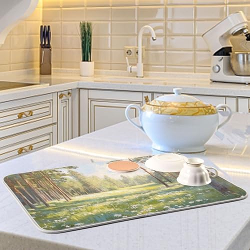 Pine Tree Field Dish Drying Mat for Kitchen Counter Super Absorbent Draining Mat with Non-slip Backed Sink Tray Mat for Dish Bottles Cups Bowl Countertops Sinks Draining Racks