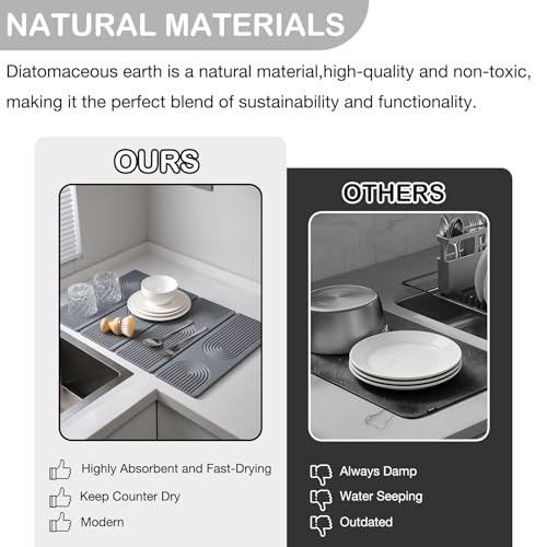 Large Stone Dish Drying Mat for Kitchen Counter,Collapsable Stone Dish Drying Mat with Diatomaceous Earth for Quick Drying-Ultra Absorbent-Eco-Friendly,Foldable -23.6"×15.7" Light Gray Curved Grooves - color: HXDK-Light Gray