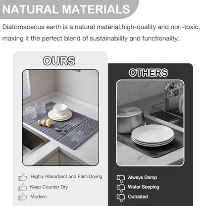 Large Stone Dish Drying Mat for Kitchen Counter,Collapsable Stone Dish Drying Mat with Diatomaceous Earth for Quick Drying-Ultra Absorbent-Eco-Friendly,Foldable -23.6"×15.7" Light Gray Curved Grooves - color: HXDK-Light Gray