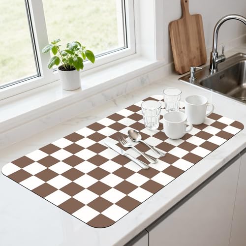 17" x 32" Checkered Dish Drying Mat for Kitchen Counter, Absorbent Coffee Bar Mat for Espresso Machine Coffee Countertops Accessories, Coffee Brown - color: Coffee Brown, size: 17" x 32"