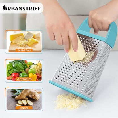 Urbanstrive Cheese Grater With Container, Professional Cheese Grater with Handle, Stainless Steel Graters for Kitchen Handheld, Box Grater with 4 Sides for Vegetables, Ginger, Potatoes (Blue) - color: Blue