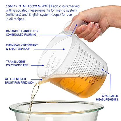 3pc Liquid Measuring Cups Set - 1 Cup, 2 Cup, 1 Quart | Clear Plastic Measure Cups with Long Handles