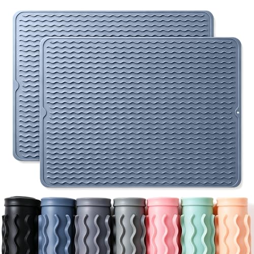 2 Pack Caketime Silicone Dish Drying Mat for Kitchen Counter Multiple Usage for Cooking Grilling Under Sink Office Coffee Accessories Appliances Pioneer Woman Stuff Extra Large 24"x18" Blue - color: Blue, size: 24"*18"