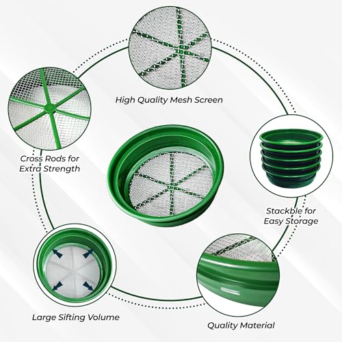 SE 13.25 Inch Wide Stackable Classifier Gold Prospecting Pan Set - Includes 1/2" 1/4" 1/8" 1/12" and 1/20" Stainless Steel Mesh Sifting Pans, Green, 5 Pack - size: 5 Pieces, style: Pans