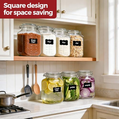 1.1 Gallon Wide Mouth Glass Canisters with Airtight Lids & Measurement Marks (2-Pack) – Includes 2 Measuring Scoops & Labels, Food Storage Jars for Flour, Sugar & Baking Supplies | BPA-Free