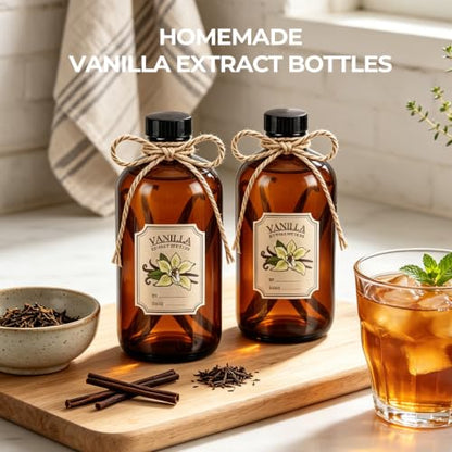 8 Pack 16oz Amber Glass Bottles with Caps and Labels - Large Boston Round Syrup Bottles for Elderberry, Liquid Supplements, Kombucha & Vanilla Extract - Airtight & Leakproof Apothecary Bottles