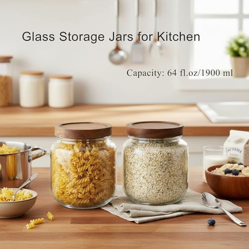 Set of 2 Cookie Jars with Airtight Lid, 1/2 Gallon Glass Jars with Acacia Wooden Lid, 64 oz Wide Mouth Mason Jar for Coffee, Sugar, Candy, Pasta, Oats - size: Small
