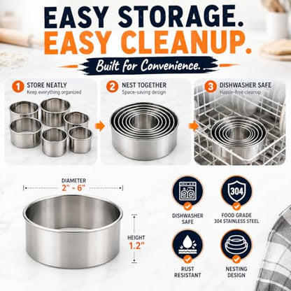 Doczen Large Round Cookie Cutter 6 PCS (2, 3, 3.5, 4, 5, 6 Inch) Set, 6-Piece Stainless Steel Biscuit Cutters, Heavy Duty Metal Ring Mold for Burger Press & Meat Shaping, Tortilla Crust
