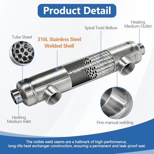 AB Swimming Pool Heat Exchanger 55kBtu Stainless Steel 316L Same Side Ports 1 1/2" & 1" FPT w/Brackets for Juice Treatment - size: 55K-2-S+Brackets