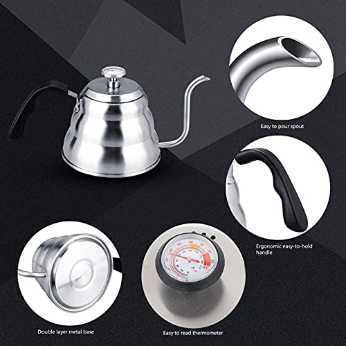 Pour over Coffee Kettle, Gooseneck Kettle, 304 Stainless Steel Coffee Gooseneck Kettle with Thermometer Easy Pour Teapot for Home Brewing(1.2L-White)