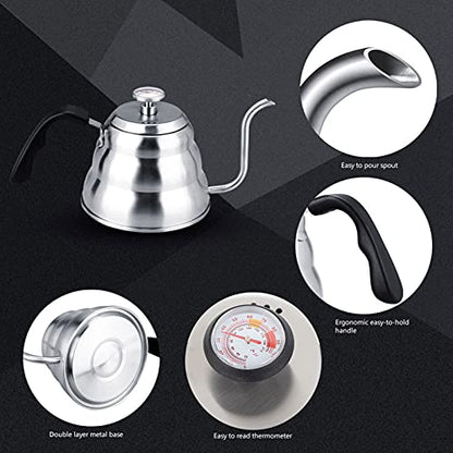Pour over Coffee Kettle, Gooseneck Kettle, 304 Stainless Steel Coffee Gooseneck Kettle with Thermometer Easy Pour Teapot for Home Brewing(1.2L-White)
