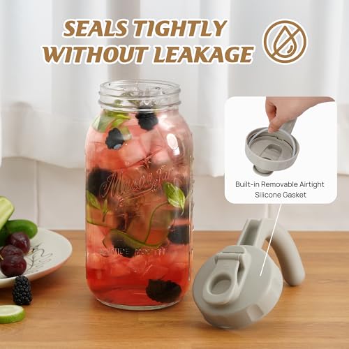 Soligt Glass Mason Jar Pitcher with Lid, Wide Mouth Flip Cap Pour Spout Leak-proof Lid with Handle, 64 oz (2 Quart / 1.9 Liter), for Iced Coffee/Sun Tea Juice/Cold Brew Coffee/Milk (1Pack, Light Gray) - color: Light Gray