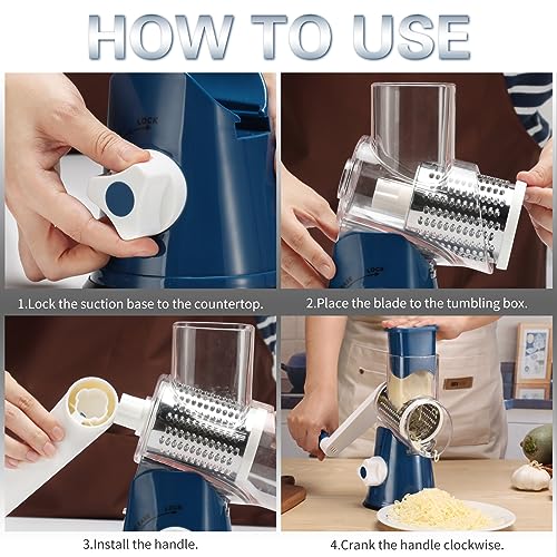 Cambom Rotary Cheese Grater Hand Crank Cheese Shredder for Fresh Cheese, Vegetable, Nuts,Non-slip Suction Base，Three Blades,Dark Blue - color: Dark Blue, size: 3 BLADES