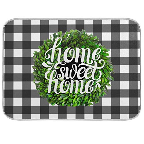 Boxwood Wreath Dish Drying Mats for Kitchen 16x18 inch Buffalo Plaid Check Home Sweet Spring Summer Fall Dish Drying Drainer Pad for Kitchen Counter - color: Wreath, size: 16x18in