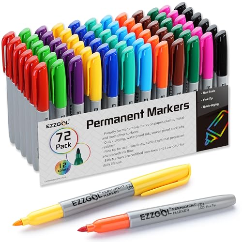 Ezzgol Permanent Markers Bulk, Permanent Marker Bulk Pack of 72, 12 Assorted Colors, Fine Point Permanent Markers For Adult Coloring as Office, School Supplies