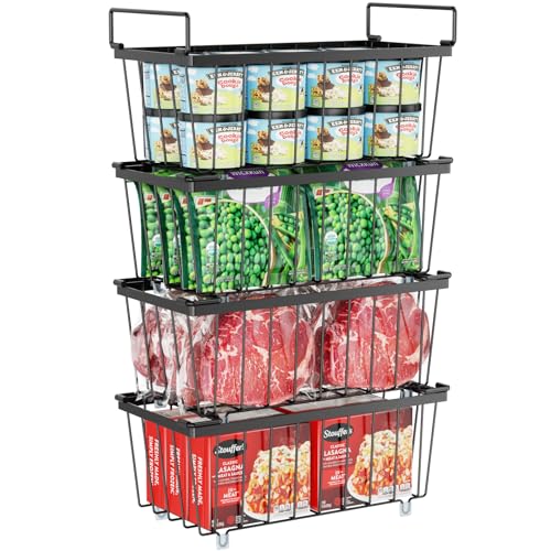 iSPECLE Freezer Organizer Bins, 4 Pack Deep Freezer Baskets for 5 to 7 Cu.Ft, Stackable Wire Chest Freezer Organizer Bins for Small Food, Strong Metal with Handles for Meat and Veggies, Black - color: 4-Pack Black (1 Column)
