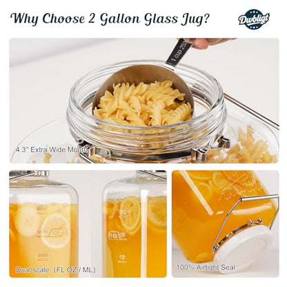 2 Pack 2 Gallon Glass Jar with Airtight Lid, 256 Oz Large Wide Mouth Mason Jar with Non-slip Base & Stainless Steel Handle - Glass Food Storage Containers for Flour, Cereals, Rice and Picking