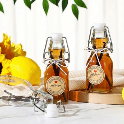 Teenyyou 20 PCS 4.05OZ Mini Flip Top Square Glass Bottle with Stoppers Decorative Swing Top Bottles Small Glass Bottles with Lids Kraft Adhesive Round Stickers for Wedding Vanilla Extract Party Favors
