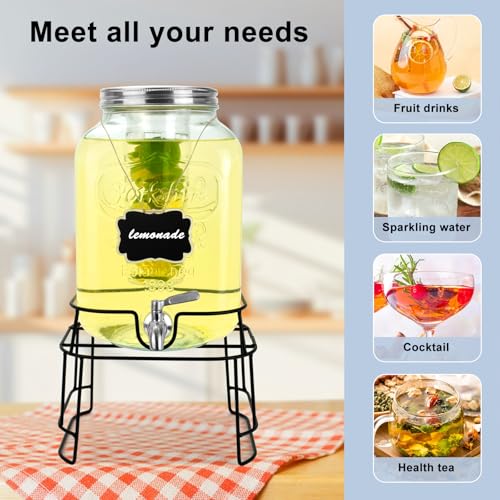 2 Gallon Glass Drink Dispensers For Parties,Beverage Dispensers With Stand And 100% Leakproof Stainless Steel Spigot.Glass Water Jug Dispenser,Lemonade Dispenser,Mason Jar. - size: 2 Gallon Single With Stand