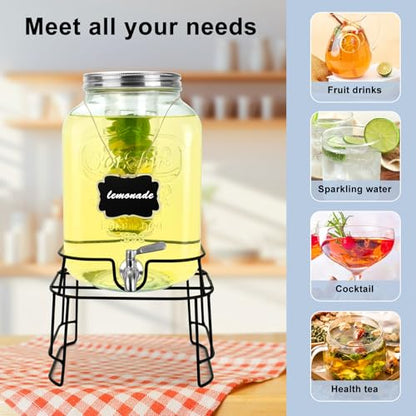 2 Gallon Glass Drink Dispensers For Parties,Beverage Dispensers With Stand And 100% Leakproof Stainless Steel Spigot.Glass Water Jug Dispenser,Lemonade Dispenser,Mason Jar. - size: 2 Gallon Single With Stand