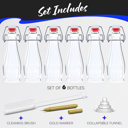Nevlers 8.5 Oz Teardrop Swing Top Glass Bottles with Stoppers 6 Pack Set | Flip Top Glass Bottle with Stopper , Funnel, Cleaning Brush & Gold Marker | Great For Use as Homemade Vanilla Extract Bottles - style: Teardrop - 6 Pack