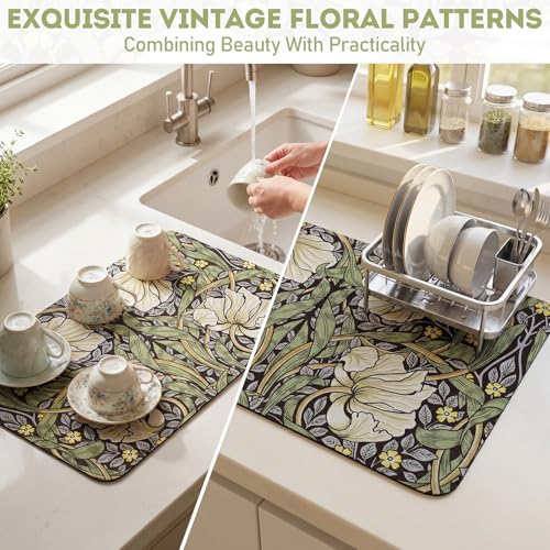 LemonRoad Dish Drying Mat for Kitchen Counter, 12"x20" Absorbent Mat with Morris Pattern, Diatomite Drainer Drying Mats with Non-slip Backing for Coffee Bar Kitchen Sink Countertop - style: Morris Pattern