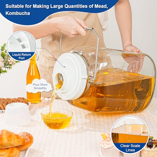 Daitouge 5 Gallon Glass Jar with Airtight Lid, Square Wide Mouth Storage Jar with Stainless Steel Handle, Glass Jug with Cup for Terrarium, Storage, Dog Treats, Mead Making