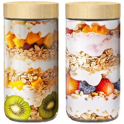 2 pack 24oz Overnight Oats Containers with Bamboo Lids, Glass Jars with Airtight Lids for Meal Prep, Wide Mouth Mason Salad Jars, Glass Food Storage Container for Yogurt Chia Snacks Spice Sugar - color: 24oz 2 Pack