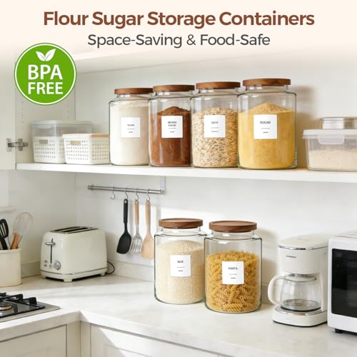 ComSaf 2Pcs (4.2Qt/1Gal) Wide-Mouth Flour Sugar Storage Containers - Include Scoops & Labels, Easy to Scoop & Airtight, Large Glass Jar for Bakers to Store Flour, Rice, and Dry Goods in Kitchen Pantry - size: 4.2Qt*2