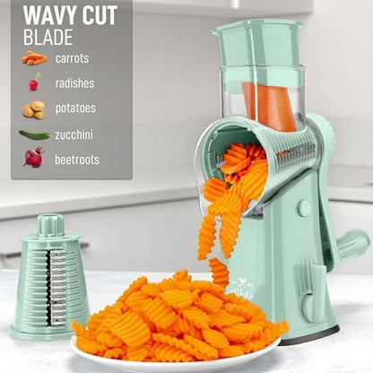 Zulay Kitchen Rotary Cheese Grater 5 Blade Cheese Shredder - Manual Hand Crank Cheese Grater With Reinforced Suction & 5 Interchangeable Drums - Easy to Use, Vegetable Chopper Round Mandoline Slicer - color: Seafoam