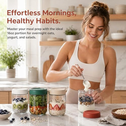 EONJOE 4-Pack Overnight Oats Containers with Lids 16oz Glass Mason Jars Meal Prep Salad Food Cereal Snacks Pudding Yogurt Storage - size: 16oz-4pack-white