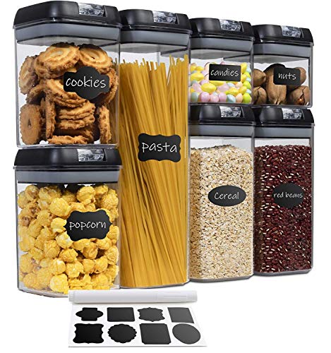 Set of 7 Airtight Food Storage Containers - Pantry Organizer Bins, BPA Free Plastic Containers plus Dry Erase Marker and Labels, Black - color: Black