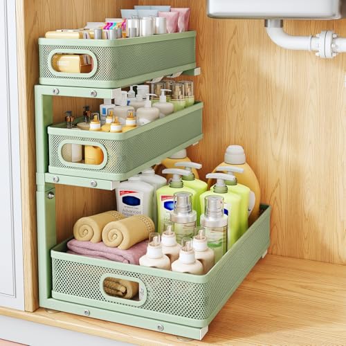 Under Sink Organizer, 1-Pack 3-Tier Thickened Metal Pull out Cabinet Organizer Shelf, Height Adjustable Slide out Storage Drawer Rack for Kitchen Bathroom Pantry Laundry Home Organization, Green - color: Green, size: 1-Pack