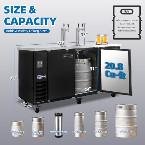 Polarman Commercial Beer Dispenser Two Single-tap Draft Kegerator 3 Door Keg Refrigerator for Bars and Restaurants 73” W Stainless Steel With 4 Coupler, 33°F- 41°F Temperature Control-Direct Draw - size: 73"W Two tower Double-tap