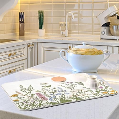 Kcldeci Flower Border Herbs Wild Flowers Plant Dish Drying Mat Kitchen Drying Pad Dish Draining Mat Dish Rack Drainer Pad 18 x 24 - color: Herbs, size: 18x24in
