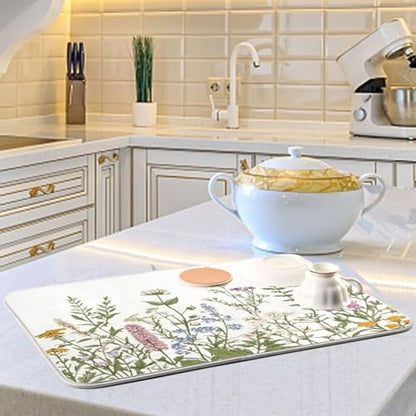 Kcldeci Flower Border Herbs Wild Flowers Plant Dish Drying Mat Kitchen Drying Pad Dish Draining Mat Dish Rack Drainer Pad 18 x 24 - color: Herbs, size: 18x24in