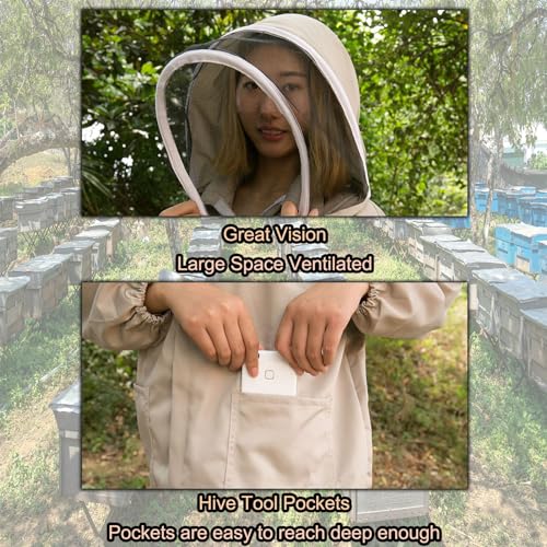 Bee Suit Beekeeper Jacket Long Sleeve Hood Pull Over, White Beekeeping Suit, with Hat Veil, Smock Protective Suit