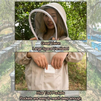 Bee Suit Beekeeper Jacket Long Sleeve Hood Pull Over, White Beekeeping Suit, with Hat Veil, Smock Protective Suit