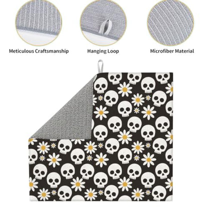 White Skulls Daisy Flowers Dish Drying Mats for Kitchen Counter, Super Absorbent Microfiber Drainer Pad, Washable Reversible Appliance Protector, Everyday Kitchen Must-Have, 16x18 Inch - color: White Skulls Daisy Flowers