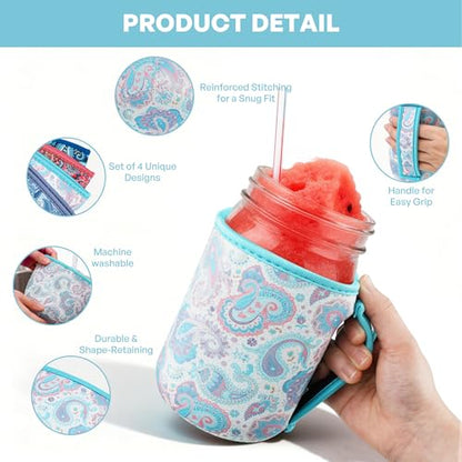 KJQJLY 4 Pcs Mason Jars Sleeves Neoprene 32oz Regular and Wide Mouth Mason Jar Sleeves Holder with Handle (Paisley, 32 OZ) - color: Paisley, size: 32 OZ