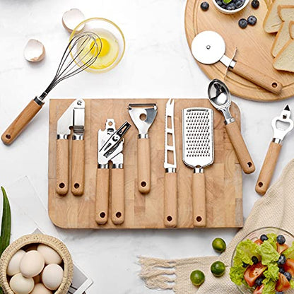 9 Pcs Kitchen Gadget Set Stainless Steel Utensil Set Wood Handle with Pizza cutter, Garlic press, Can opener, Bottle opener, Ice cream scoop, Peeler, Cheese grater, Cheese knife, and Whisk